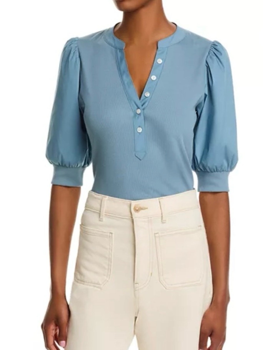 Veronica Beard Powder Blue Puff-Sleeve Henley Top